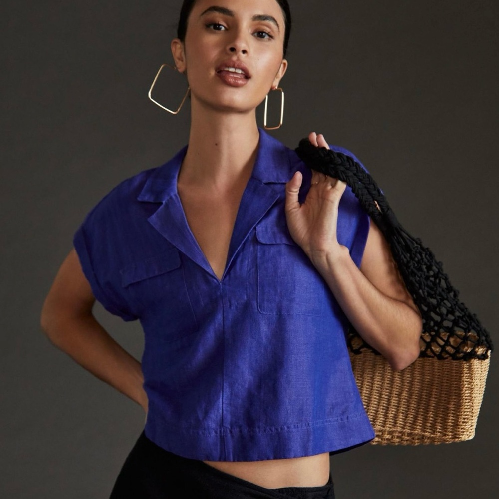 Anthropologie Utility Blue Short Sleeve V-Neck Blouse Linen Cotton 3x